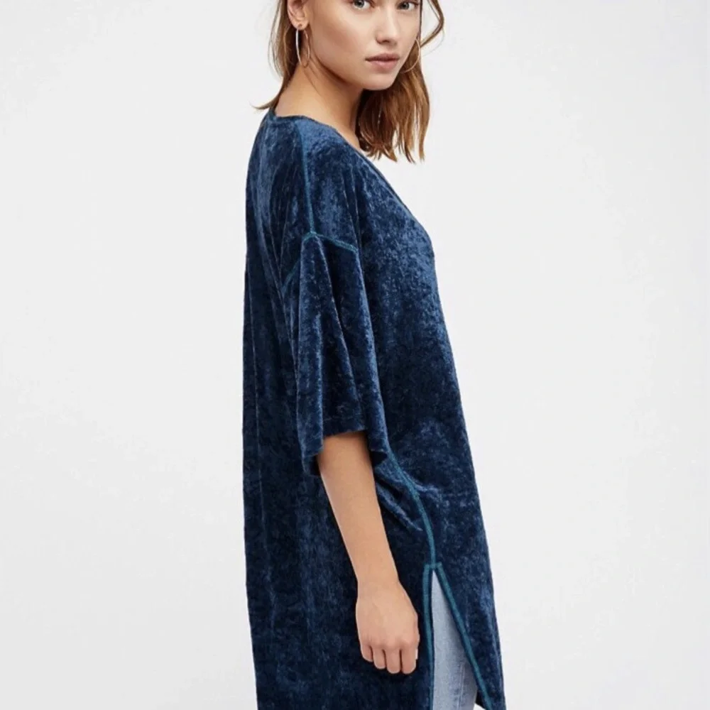 FP We The Free Jewel Blue Crushed Velvet V-Neck High Low Tunic Dress -Sz Small - Picture 7 of 8